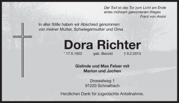 Traueranzeige von Dora Richter von Pegnitz-Zeitung